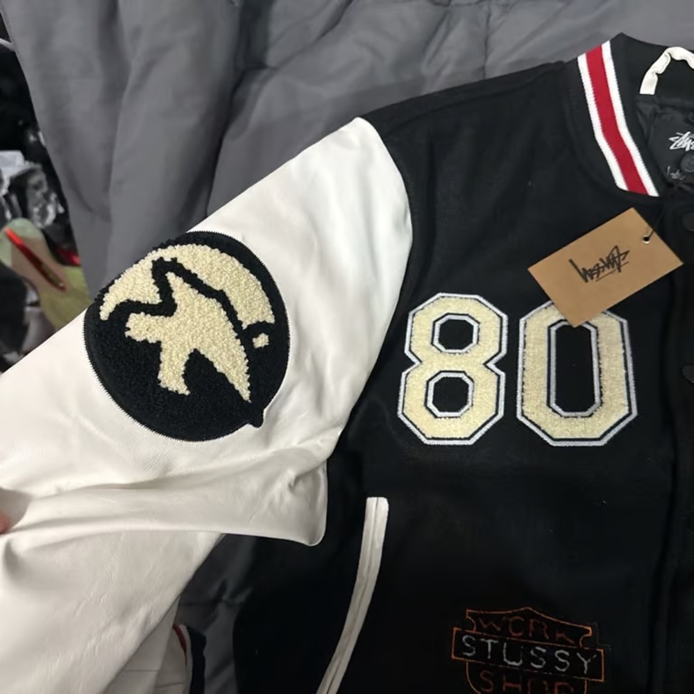 Stussy Black and White Varsity Jacket with Patches - Picture 4 of 4